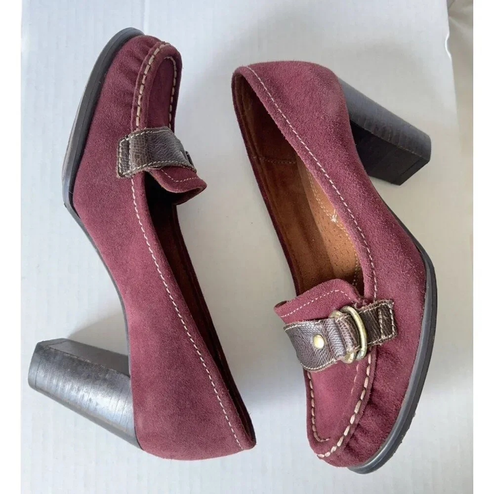 Womens Loafer Shoes Burgundy Suede Pumps Brown Strap Buckle Sz 7 7M - Picture 5 of 13